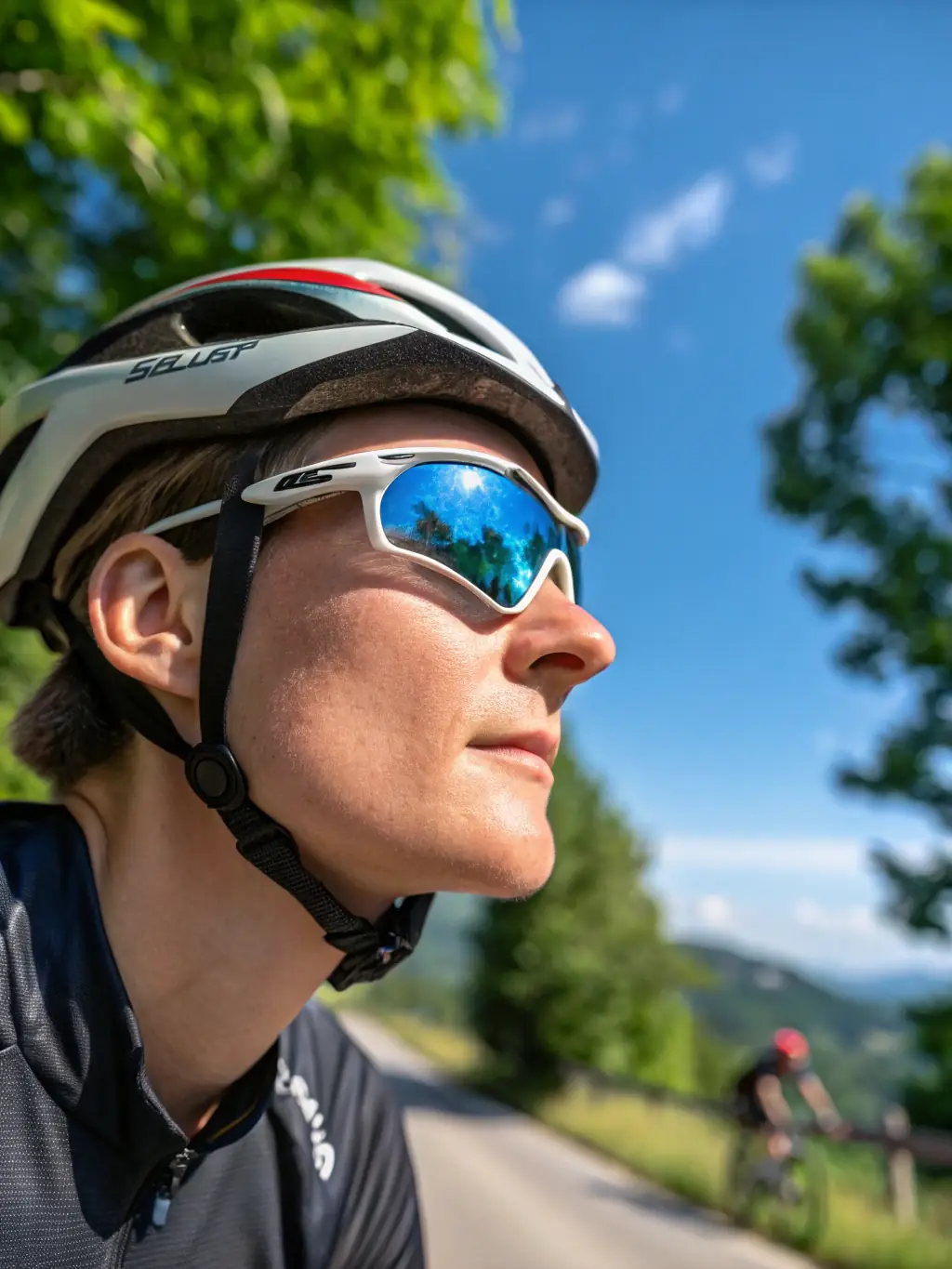 Photo of a cyclist wearing stylish sunglasses, highlighting the glare reduction and clarity they provide, taken outdoors on a sunny day.