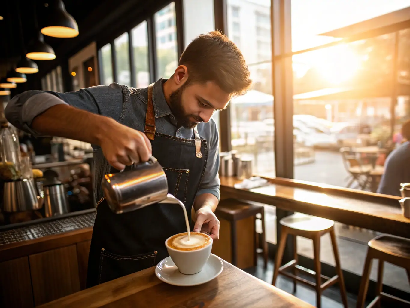 A close-up shot of a barista pouring a latte with latte art into a glass cup, with bicycle-themed decorations in the background.