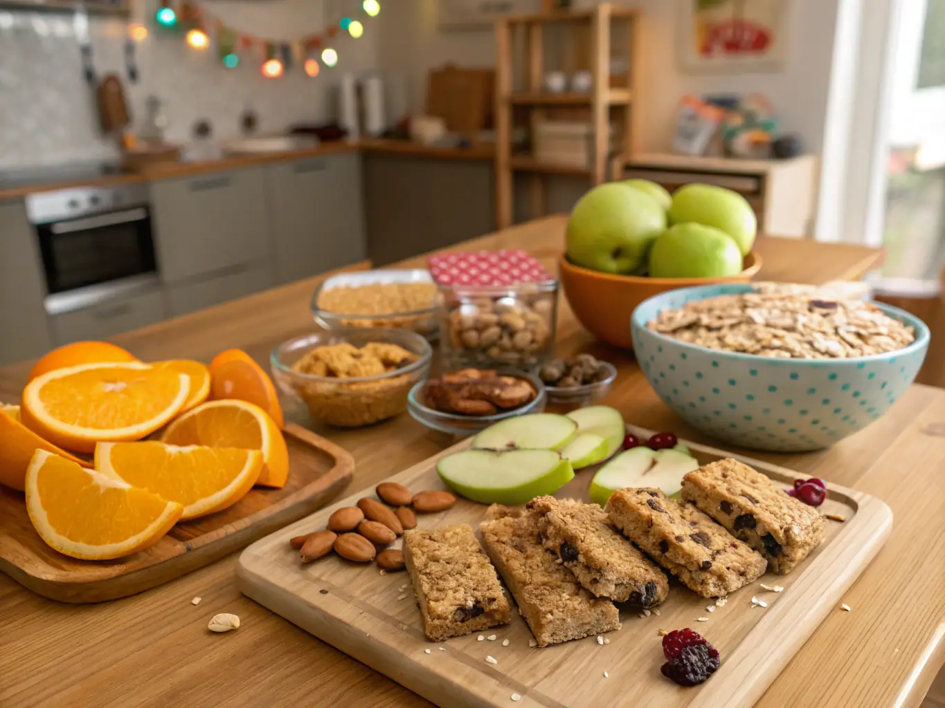 An assortment of pre-packaged snacks, including energy bars, nuts, and sandwiches, displayed on a shelf in the lounge area.