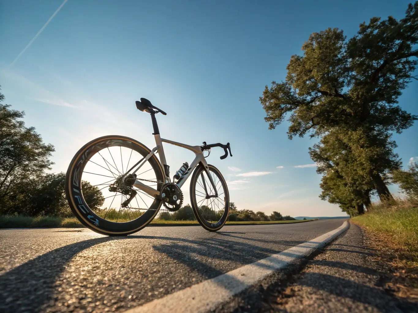 A high-quality image showcasing a sleek road bike on a scenic road, emphasizing speed and performance.